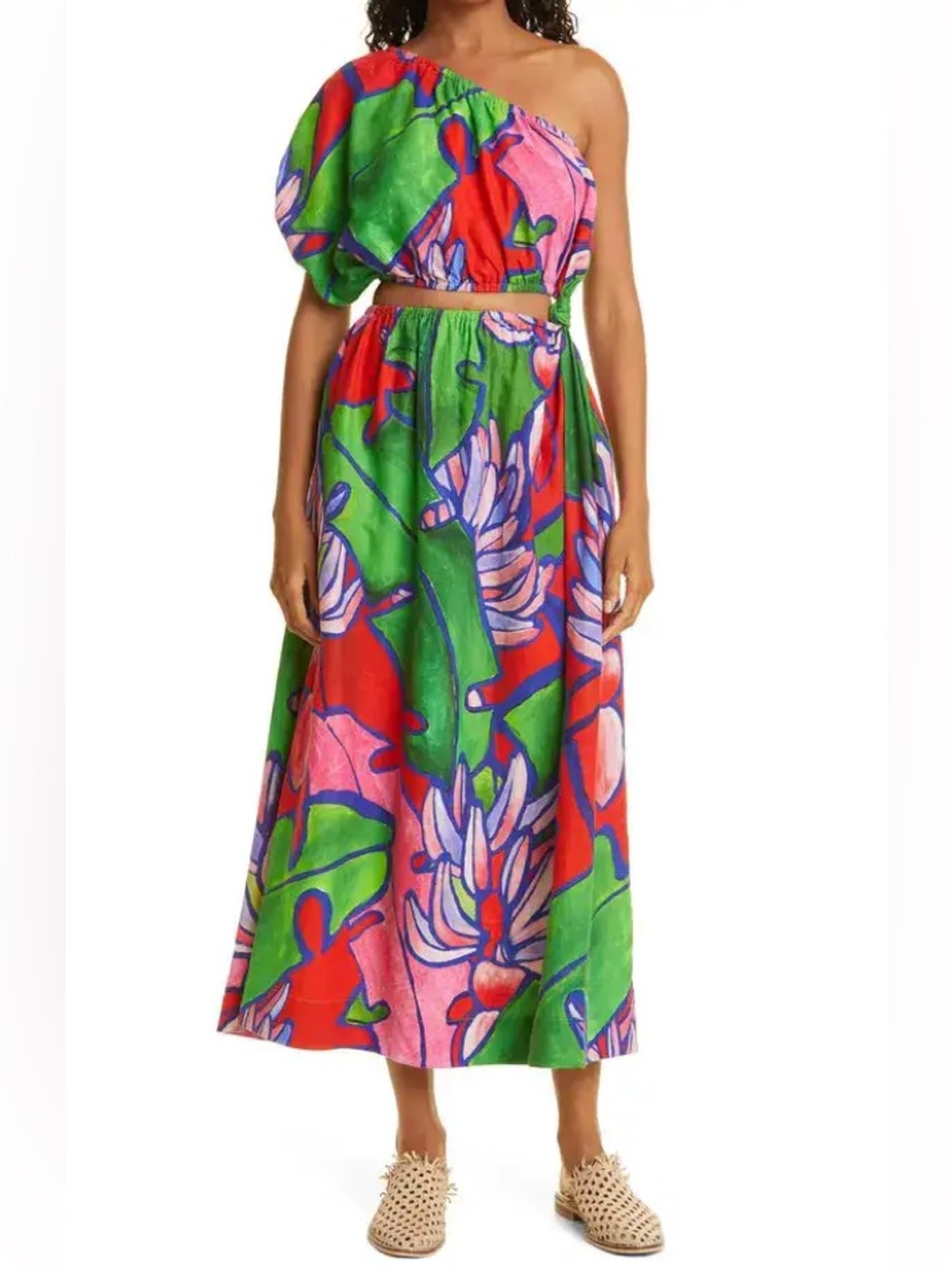 Farm Rio Tropical Bunch One Shoulder Open Waist Linen Blend Midi Dress Size S